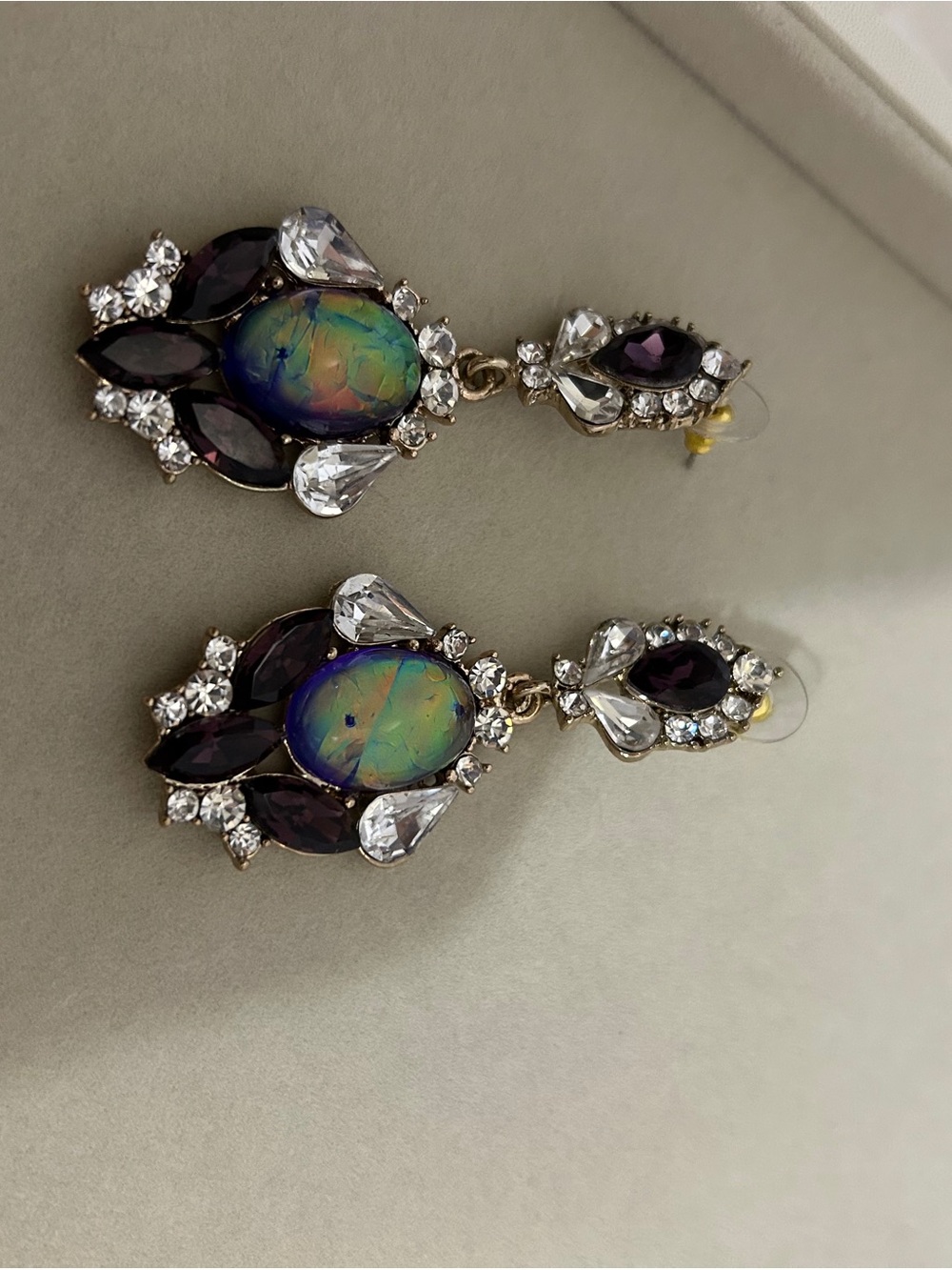 Gold-Tone Drop Earrings with Iridescent Opal Center and Purple Crystals